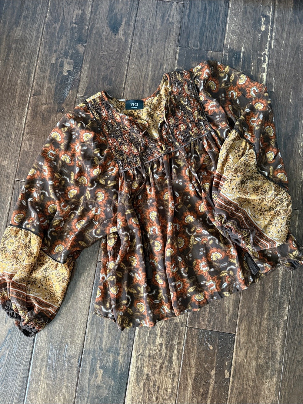 VICI Brown and Mustard Floral Boho Peasant Blouse